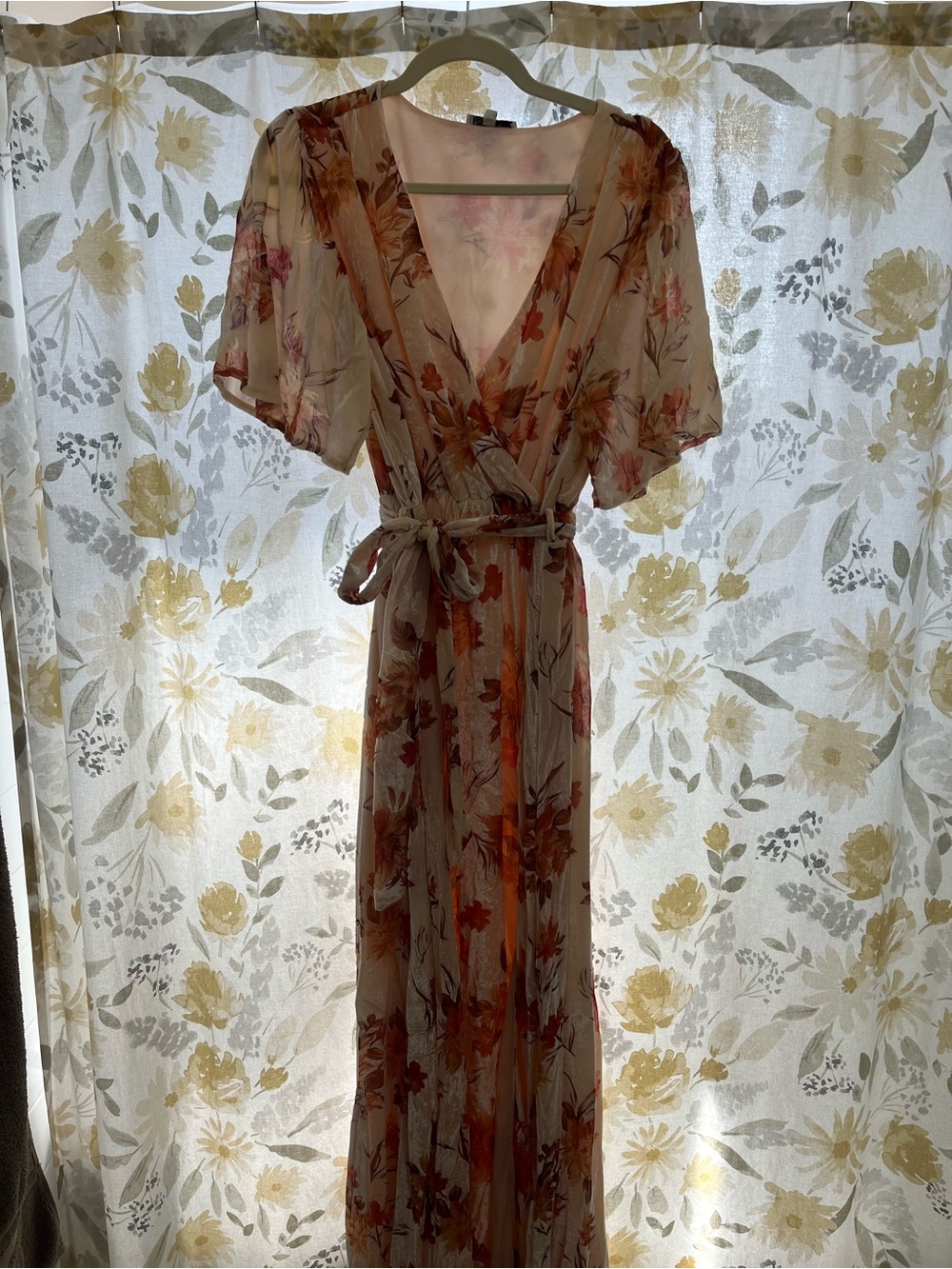 Baltic Born Beige Floral Wrap Maxi Dress with Rust and Pink Accents